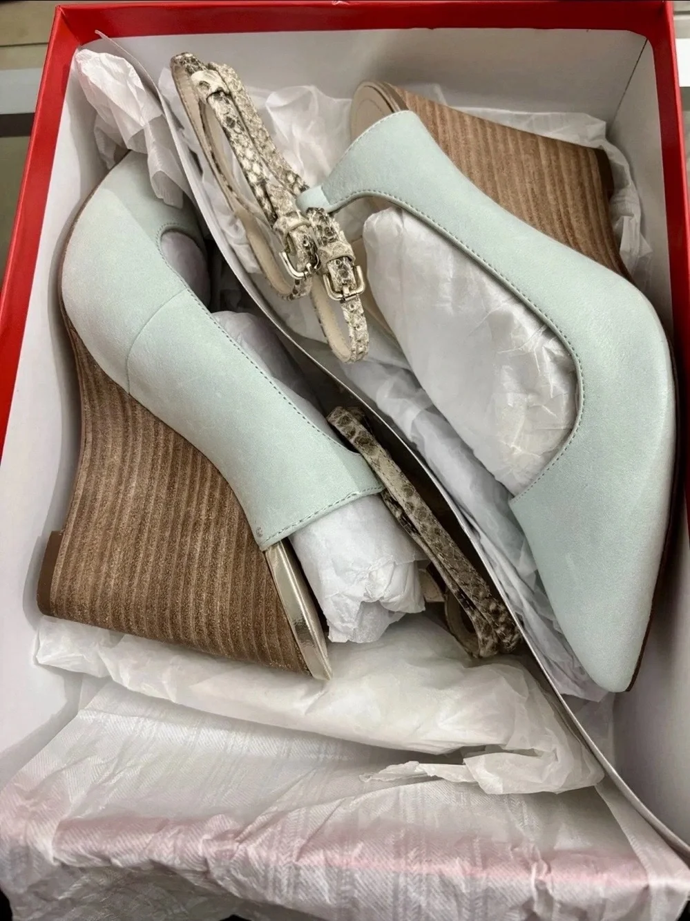 Coach Ollie Seafoam Light Green Leather in Snake Print- Ankle Wedge. 7.5 M. New.